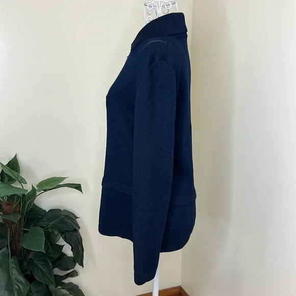 ST JOHN Vintage SJK Navy Blue Knit Zipper Jacket Gold Cloisonne Charm Size 4 - Picture 6 of 11